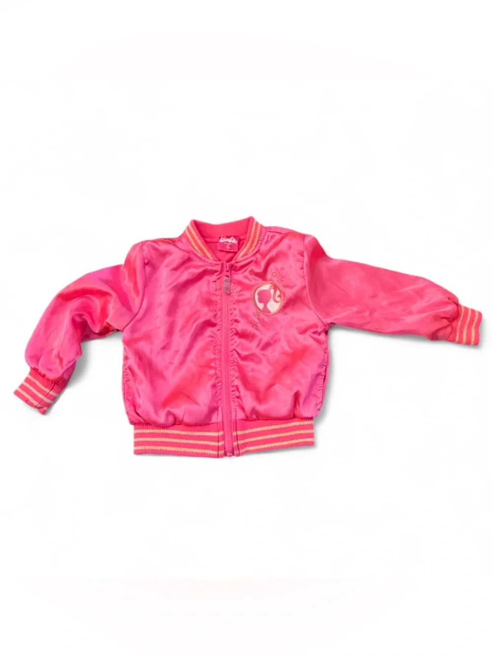Barbie Pink Satin Bomber Jacket with Striped Trim